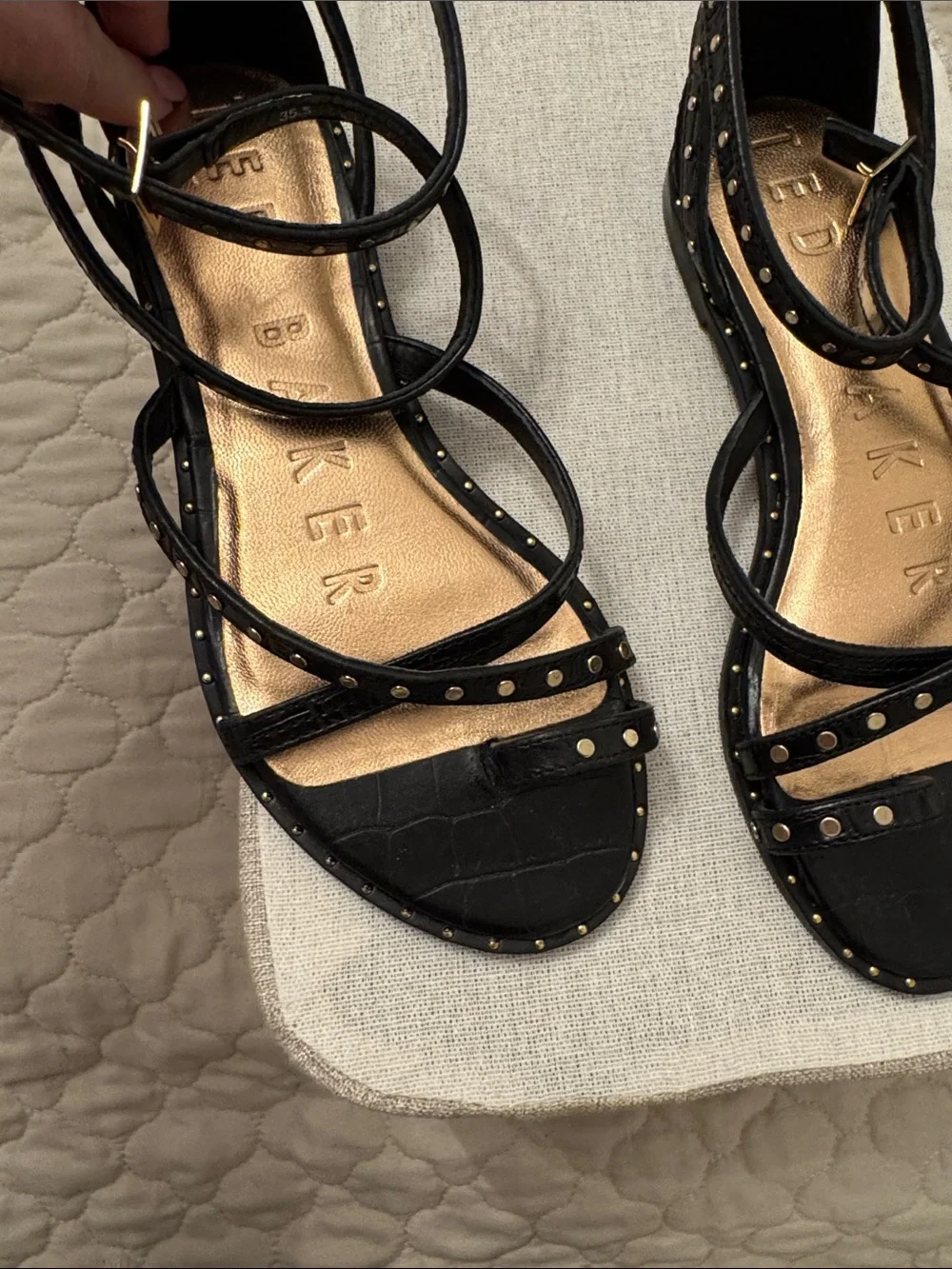 Ted Baker Black Strappy Studded Ankle Wrap Sandals